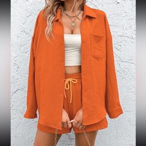 Orange Button-Up Shirt and Shorts Set